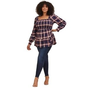 Torrid Babydoll Tunic womens 3X Navy Plaid Lenny Smocked Long Sleeve Tiered
